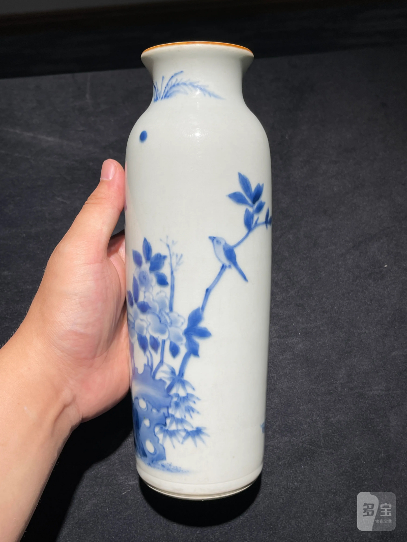 清顺治 青花花鸟纹筒瓶 - 图5